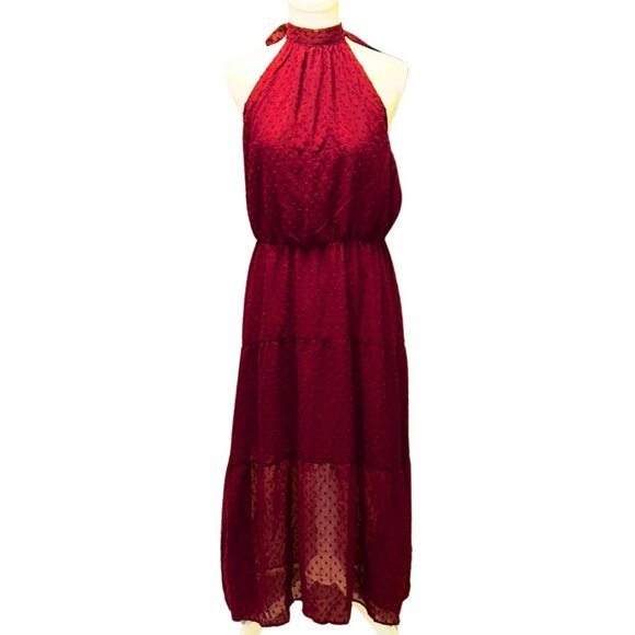 NWT Elegant Burgundy Halter Maxi Dress Tiered Semi-Sheer Perfect Evening Large - Picture 2 of 16